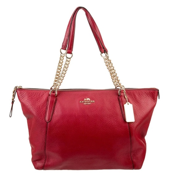 Coach red Pebble Ava Chain Tote red purse leather - Picture 2 of 10